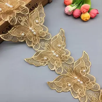 1 yard Altın İnci Boncuklu Kelebek İşlemeli Çiçek Dantel Trim DIY Aplike Yamalar Kumaş Dikiş El Sanatları DIY düğün elbisesi