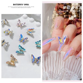 10 adet / torba 3D Kristal Kelebek Nail Art Charms Rhinestones Renkli Şeffaf Cam Aurora Parlak Alaşım Takı Elmas Süslemeleri #