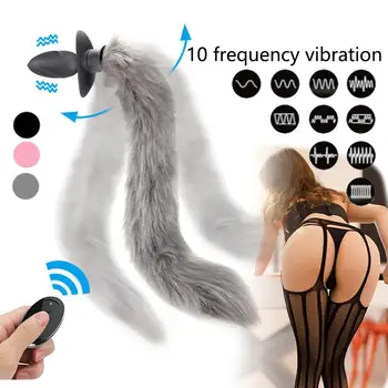 10 Frekans tilki kuyruğu Anal Plug Vibratör Uzaktan Kumanda Yetişkin Oyunu Cosplay Titreşimli Butt Plug Seks çiftler için oyuncaklar Anüs Dilatör