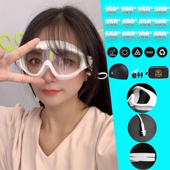 150-800 Derece Miyopi Yüzmek Gözlük Seti Yetişkin Anti-sis UV Koruma Su Geçirmez Ayarlanabilir Silikon Dalış Yüzme Gözlük