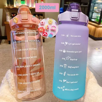 2 litre Sevimli Su Şişesi Çıkartmalar Saman Sıçrama Kapaklı Zaman Ölçeği Hatırlatma Buzlu Bardak Açık Spor Kawaii Su Şişesi