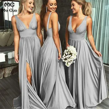 2018 gri Derin V Uzun Elbise Nedime-Boyun Ön Kolsuz Düğün Elbise Özel Yapılmış Kadınlar Nedime Elbiseler Bölünmüş