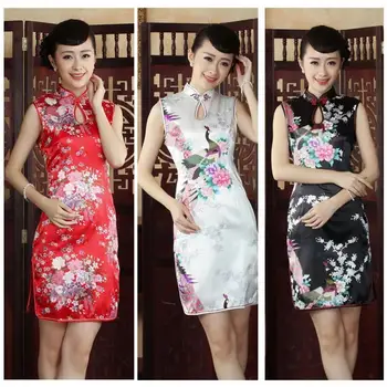 2021 Kadın Çince Geleneksel Elbise Kolsuz Tavuskuşu Baskı Yan Dilme Hem Cheongsam Mini Elbise kadın giyim Femme Qipao
