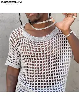 2022 Erkek Örgü T Shirt Mesh See Through O-boyun Kısa Kollu Gevşek Seksi Camisetas Streetwear Oymak Erkek Giyim 5XL INCERUN 7