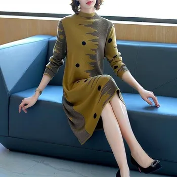 2022 Kore Vintage Casual Kazaklar Sonbahar Kış Baskı Örme Pamuk Midi Elbise Kadınlar Zarif Bodycon Kalın Sıcak yün Kazak