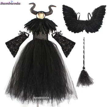 2022 Kötü Koyu Kraliçe Deluxe Siyah Glam Elbiseler çocuk topu kıyafeti Robe Çocuk Cosplay Elbise Fantezi Cadılar Bayramı Kızlar Cadı Kostüm