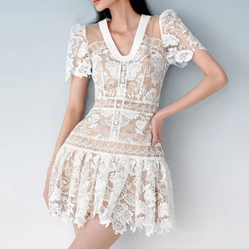 2022 Vintage Tasarım kadın Elbise V Boyun Hollow Out Kısa Kollu Zarif Balo Vestido Yüksek Belli Beyaz Dantel Giyim Kadın