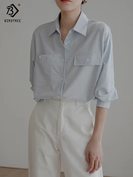 2022 Yeni Kadın Zarif Fener Kollu Pamuklu Beyaz Gömlek Temel Turn-Aşağı Yaka Cepler Bluz Sonbahar Ofis Giyim Rahat T24509X