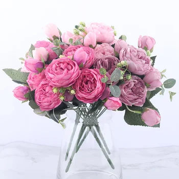 30cm Gül Pembe İpek Şakayık yapay çiçekler Buket 5 Büyük Kafa ve 4 Tomurcuk Ucuz Sahte Çiçekler Ev Düğün Dekorasyon için kapalı