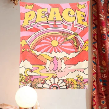 70s Dekor Vintage Barış duvar halısı Asılı Kızlar Yurt Odası Dekorasyon Trippy Goblen Retro Gökkuşağı Hippi Dekor Duvar Asılı