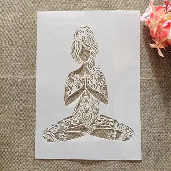 A4 29 * 21cm Mandala Yoga Kız DIY Katmanlı Şablonlar duvar tablosu Karalama Defteri Boyama Kabartma Albümü Dekoratif Şablon