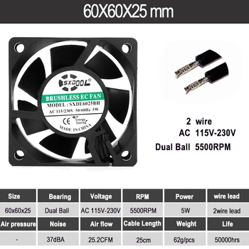 AC 115V 230V soğutma fanı 60mm 5W 5500RPM 1 adet SXDOOL Fırçasız Fan Çift Bilyalı Rulman AC Fan