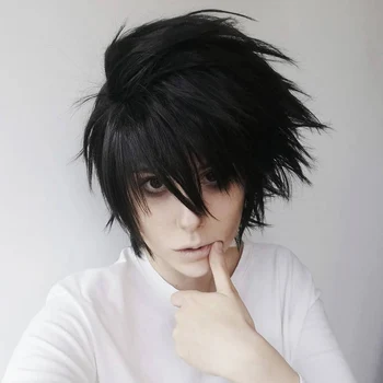 Anime Death Note Peruk L peruk L. Lawliet kısa siyah ısıya dayanıklı sentetik saç Pelucas Cosplay kostüm peruk + peruk kap