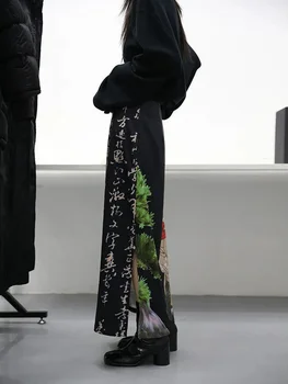 Batik Siyah Baskı Etekler Bayan A-line Bölünmüş Uzun Etek Harajuku Japon Streetwear Gotik Faldas Largas Mujer 2022 Fairycore