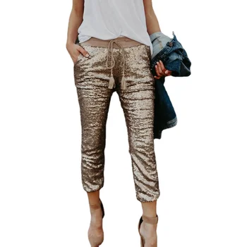 Bayan Moda Seksi Pullu Elastik Bel Dantel-up uzun pantolon Katı İnce Yüksek Bel Pantolon Kadın İpli Kadın Giyim XL