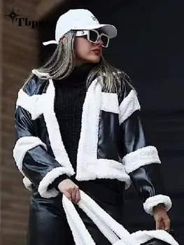 Bayan Zarif Beyaz Peluş Hırka Kontrast Ceket Kadın Yaka Rahat Kısa Gevşek Deri Mont 2022 Sonbahar Kış Moda
