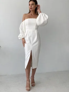 Beyaz Parti Elbise Kadın Puf Kollu Slash Boyun Düz Kadın Giyim 2022 Yüksek Bel Midi Uzunluğu Yeni Yıl İçin