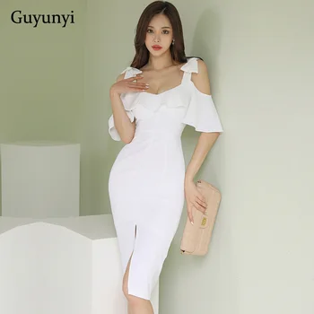 Beyaz Yüksek Bel Sıkı Elbise 2022 Yaz Seksi V Yaka Kişiselleştirilmiş Sling İle Dekore Lotus Yaprağı Zarif Parti Elbise Kadın