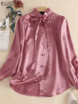 Büyük boy Kadın Ofis Bayan Saten Uzun Kollu Gömlek ZANZEA Bahar Sonbahar Gevşek Üstleri Rahat Katı Blusas Femininas Streetwears