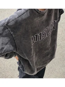 Deeptown Harajuku Grunge Gri Tişörtü Kadınlar Boy Streetwear Kazak Hoodies Mektubu Baskı Retro Uzun Kollu Üst Moda
