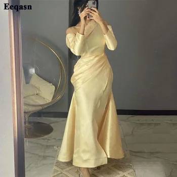 Eeqasn Sarı Suudi Arabistan Abiye giyim Mermaid Saten Uzun Kollu Pleats Balo Dresss Kadınlar Örgün Parti Olay Elbise Nedime