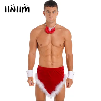 Erkek Noel Baba Noel Kostüm Tema Parti Rol Oynamak Kıyafet Kıyafeti Tüy Trim Kadife Etek papyon Manşetleri