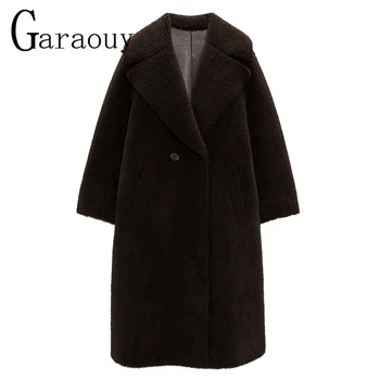 Garaouy 2023 Kış Kadın Suni Deri Kürk Ceket Vintage Lapels Uzun Lambswool Palto Sıcak Büyük Boy Çift Taraflı Dış Giyim Mujer