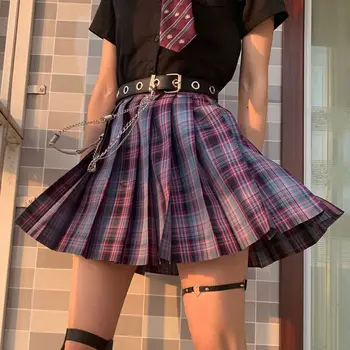 HOUZHOU Mor Ekose Etek Harajuku Gotik Kadın Mini Etekler Moda Tiki Tarzı Jk Y2k Kawaii Japon Kıyafetler Streetwear