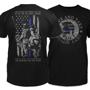 Ince Mavi Çizgi Bayrak Spartan Kalkan Mızrak Savaşçı Molon Labe Sloganı T-Shirt. Yaz Pamuk Kısa Kollu O-Boyun Erkek T Shirt Yeni