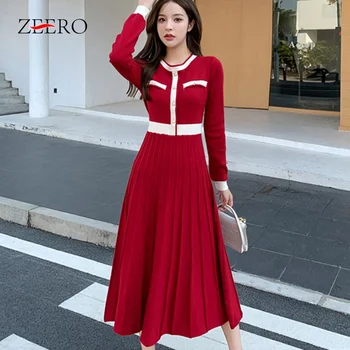 İlkbahar Sonbahar Kadın Vintage O-Boyun Düğmeler Uzun Kollu A-Line Taban Örme Elbise Kadınlar için Yüksek Bel Büyük Salıncak Midi Elbiseler
