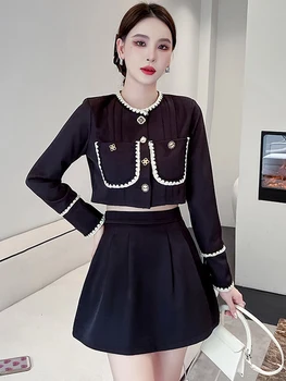 İlkbahar Sonbahar Kore 2 Parça Kıyafet Takım Elbise Kadın Siyah Şık Seksi Kısa Kırpılmış Üstleri Ceket Blazer Takım Elbise Pilili Mini Etek Seti