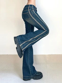 Kadın Alevlendi Kot Düşük Bel Y2K Yan Kontrast Çizgili Amerikan Retro Mavi Kot İnce Temel Vintage Streetwear Dipleri