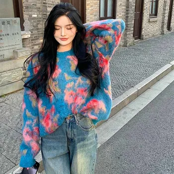 Kadın İlkbahar Sonbahar Giyim Uzun Kollu Kazak O Boyun Jakarlı Çiçekler Casual Kazaklar Moda Örgü Tops
