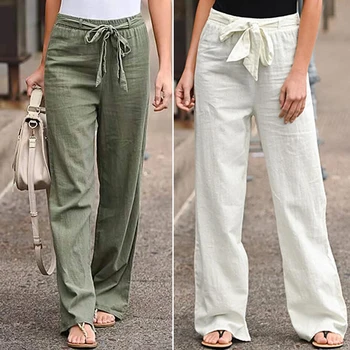 Kadın Pamuk Keten Pantolon Bayanlar Elastik Bel Düz Pantolon Bahar Gevşek Geniş Bacak Uzun Pantolon Düz Rahat İnce Spor Pantolon