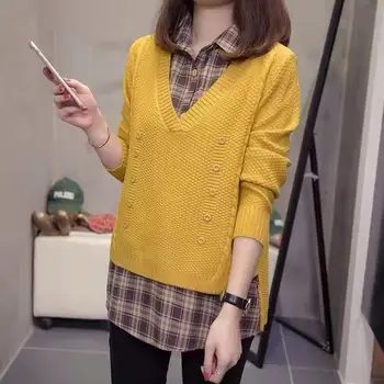 Kadın Sahte İki Adet Polo Yaka Bluz Kore Örme Kazak Eklenmiş Ekose Gömlek Moda Kadın uzun kollu giyim Sonbahar