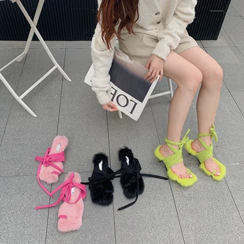 Kadın Sandalet Klip Ayak Moda Kürk Tasarım İnce Yüksek Topuklu Çapraz Kayış Ayak Bileği Bağcığı Sandalet Yeşil / Pembe / Siyah Sığ Parti Pompaları