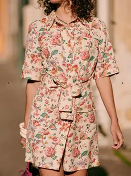 Kadınlar Çiçek Baskı Dantel-Up Mini Elbise Tek Göğüslü Kısa Kollu 2022 Yaz Yeni Bayanlar Tatlı Gömlek Elbiseler