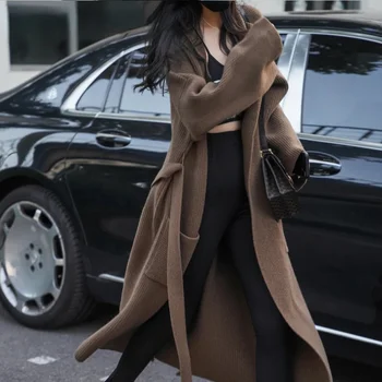 Kalınlaşmak Yün Hırka Kadın Kahverengi Gevşek Uzun kollu Şık Sıcak Örme Elbiseler Kadın Lace Up Kış Triko 2021 Sonbahar
