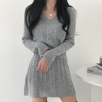 Kazak Elbise Kadın Şık Sonbahar Ve Kış Mizaç Yumuşak V Yaka Keten Desen İnce Düz Renk Örme Elbiseler LR2186