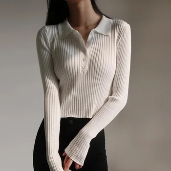 Kore Moda Düğmeleri Kırpılmış Örme POLO GÖMLEK Kazak Kadın Sonbahar Moda Zarif Uzun Kollu Üstleri Bayanlar Triko Femme