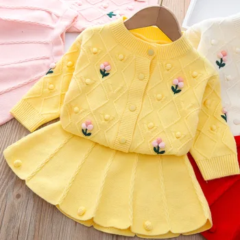 Kız Kazak Düz Renk Çiçek İki parçalı Takım Elbise Bebek Kız Kış Giysileri Toddler Kız Sonbahar Giysileri 2022 Bebek Kazak Bebek Kazak
