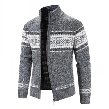 Kış Kazak Hırka Erkek örme Kazak Ceket Moda Baskı Standı Yaka Sweatercoat Hırka Kalın Sıcak Örgü Dış Giyim Erkekler