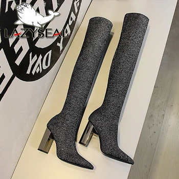 LazySeal Streç Kumaş kadın Kış Yüksek Çizmeler Ayakkabı Sivri Burun 10 cm Topuklu Over-the-Diz Gümüş Pamuk Kumaş Çorap Çizmeler