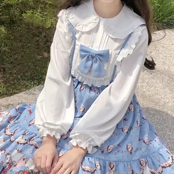 Lolita Beyaz İç Gömlek Öğrenci Sonbahar Fener Uzun kollu Sevimli Dantel Bebek Yaka Gömlek Gevşek Vahşi Dip Gömlek Lolita Tops