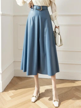 LY VAREY LİN Yeni Sonbahar Kış Elastik Yüksek Bel Pu Etekler Kadın Moda A-line Faux Deri Etek ile Kemer Lady Vintage Etek