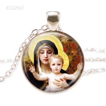 Meryem ve Bebek İsa Kolye Mübarek Anne Dini Sanat Cam Cabochon Kolye Kolye Hıristiyan Katoliklik Takı