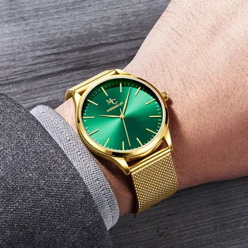 Moda Saatler Erkekler için Altın paslanmaz çelik tel örgü Kayış quartz saat Yeşil Kadran ile Basit Analog Spor Kol Saati Erkek 1119