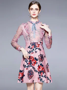Moda Tasarımcısı Yaz Mini Elbise kadın Uzun Kollu Ruffles Dantel Patchwork Çiçek Nakış Zarif Parti Kısa Elbise N8361