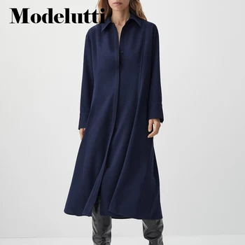 Modelutti 2022 Yeni Bahar Sonbahar Moda Uzun Kollu Hafif Sıcak Gömlek Midi Elbise Kadınlar Casual Katı Renk Basit Kadın