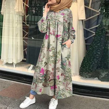 Müslüman Başörtüsü Elbise Kadınlar Vintage Uzun Kollu Marocain Kaftan Maxi Elbise 2021 Sonbahar Baskılı Vestidos Kadın Gevşek Elbise Artı Boyutu